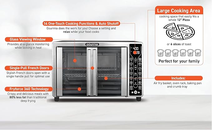 Gourmia French Door Air Fryer – 25 Qt Large Capacity Convection Oven, Fryfroce 360°, Digital Display with 17 Cooking Presets, Bake, Toast, Roast, Dehydrate, Fits 12” Pizza