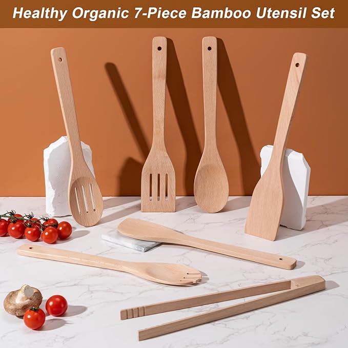 Eisinly Wooden Spoons for Cooking 7-Piece, Kitchen Nonstick Wood Cooking Utensils Set, Durability Wooden Spatula Spoon for Everyday Use, Light Yellow