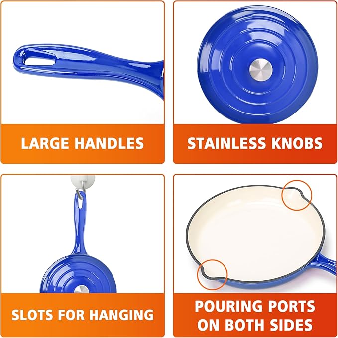 7-Piece Enameled Cast Iron Cookware Set: Dutch Ovens, Skillet & Sauce Pan with Non-Stick Ceramic Coating - Oven Safe to 550°F, PFOA-Free (Cobalt Blue)