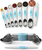 Spring Chef Stainless Steel Magnetic Measuring Spoons Set of 8 with Leveler, Metal Teaspoon & Tablespoon Measuring Spoons with Strong Magnets, Kitchen Gadgets for Baking & Cooking - 2 Pack - Aqua Sky