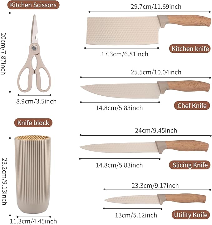 Kitchen Knife Set,6-Piece Khaki Kitchen Knife Set with Knife Block – Non-Stick Stainless Steel Sharp Blades, Anti-Rust & Ergonomic Design for Home, Restaurant,Outdoor