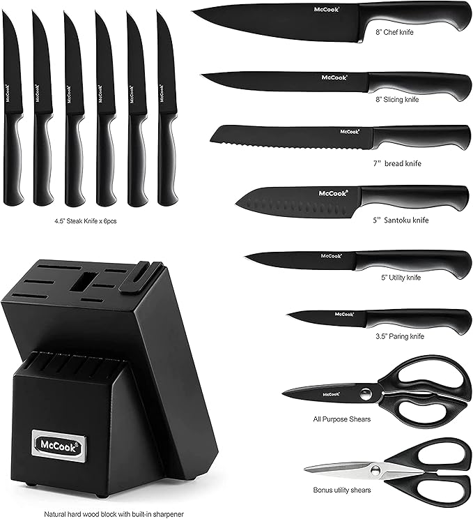 McCook® Knife Sets,German Stainless Steel Knife Block Sets with Built-in Sharpener, Black (Pack of 2)
