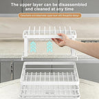 BCWW Drying Rack Dishes Stainless Steel Large Capacity 2-Tier Drying Rack Kitchen Counter Organizer with Cup Holder, Utensil & Cutting Board Storage, Space Saving (White)
