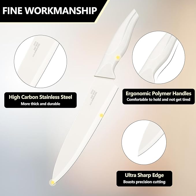 E-far Knife Set with Block, 15 Pieces Kitchen Knife Block Set with Sharpener, High Carbon Stainless Steel Sharp Chef Knife Set with Ergonomic Handles, Anti Rust, White