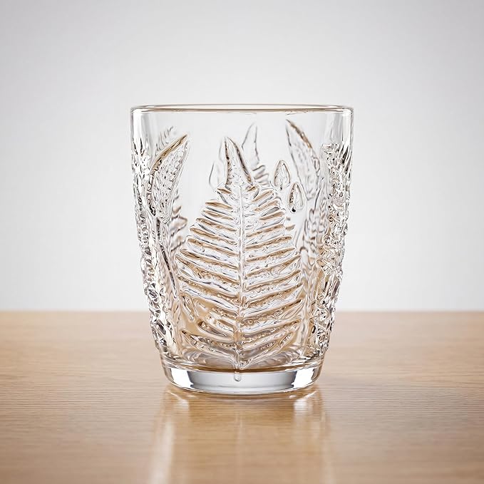 Vintage Drinking Glasses Set of 4, 10 oz Hand-Pressed Clear Glass Cups, Fern Embossed Retro Glassware, Textured Tumblers for Water, Cocktails & Juice, Decorative Kitchen Drinkware, Unique Boho Gift
