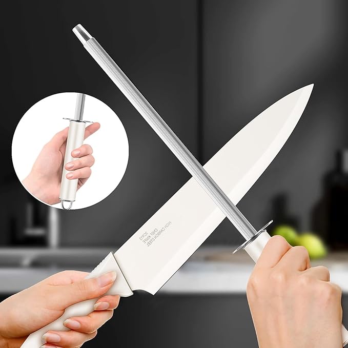 E-far Knife Set with Block, 15 Pieces Kitchen Knife Block Set with Sharpener, High Carbon Stainless Steel Sharp Chef Knife Set with Ergonomic Handles, Anti Rust, White