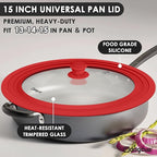13-14-15 in Universal Pan Lid, Extra Large Silicone Pot Lid for Pots, Pans & Skillets, Replacement Frying Pan Lid with Heat Resistant Silicone Knob, Dishwasher Safe, Red