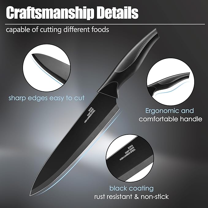 HaWare Knife Set, 21 Pieces Stainless Steel Kitchen Knife Block Set, Black Chef Knife Sets with 6 Steak Kinves, Measuring Spoon & Slicer for Home, Sharp Blade & Light Weight Cutlery, Ergonomic Handle