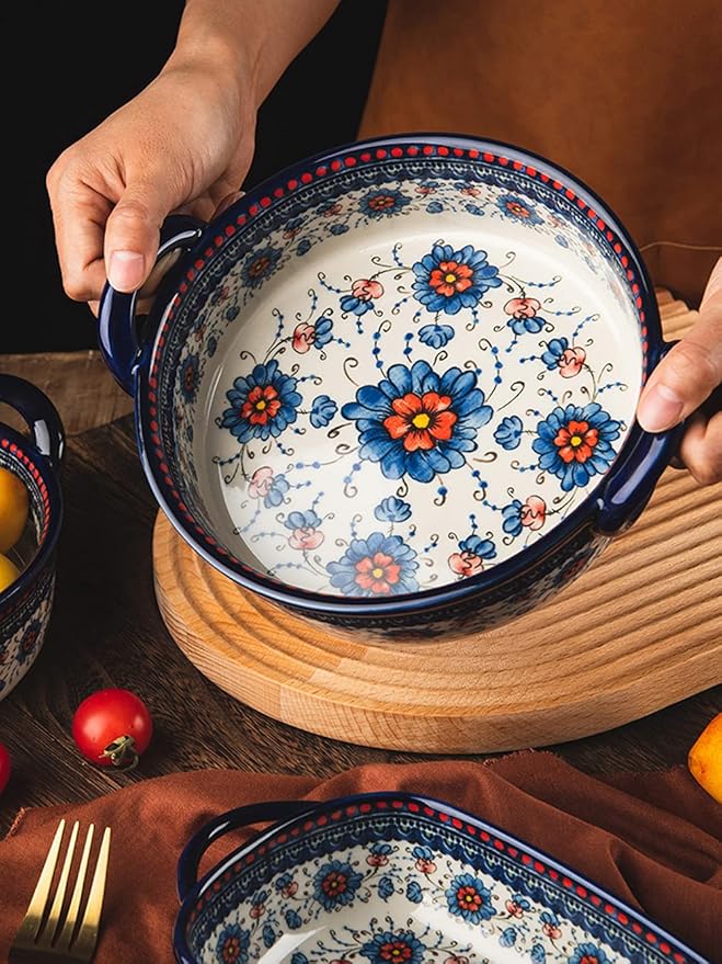 Blue and Orange Flower Vintage Style Ceramic Bakeware Casserole Lasagna Pans Baking Dish with Handles for Oven/Cooking/Kitchen-1 PCS-32 OZ