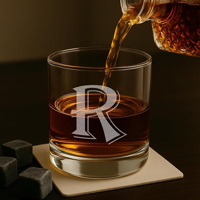 On The Rox (R-Monogram)- 4 Piece Set of 11 Ounce Engraved Heavy Base Rocks Glasses Elegant Glass-Multi-Purpose Beverage-Rocks Glass- Gift for any Occasion Drinks