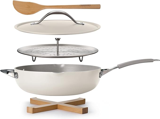 Tramontina All-in-One Plus Pan Set, 5-Quart Ceramic Non Stick Cooking Pan with Lid, Steamer Insert, Bamboo Utensil and Trivet, White