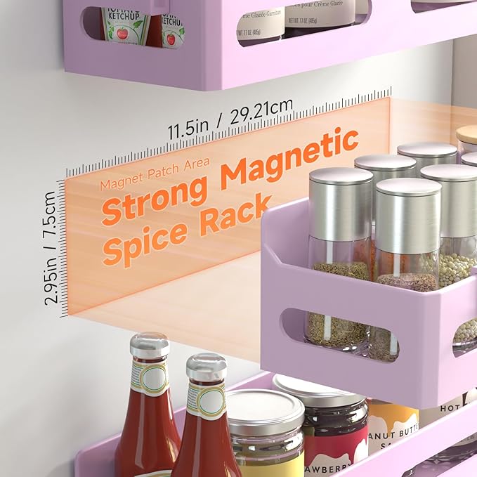 Sevenblue 4 Pack Strong Magnetic Spice Rack for Refrigerator, Multipurpose Magnetic Shelf for Fridge with 4 Hooks for kitchen and Bathroom Organization, Pink