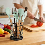 Utensil holder for Kitchen Counter - 5.2" x 5.2" x 6" Large Round Utensils Holder with Wooden Base Matte Black Cooking Utensil Holder，Kitchen countertop Utensil Organizer (Metal-1)