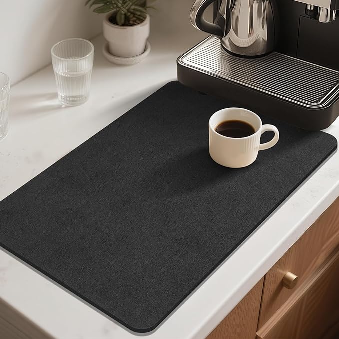 Findosom Dish Drying Mat, 17"x 32" Super Absorbent & Hide Stain Coffee Mat, Cuttable Drying Mat for Kitchen Counter, Coffee Bar Accessories, Under Dish Rack, Coffee Maker, Espresso Machine, Black-2