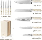 CAROTE 11 Pieces Knife Set with Block for kitchen, Stainless Steel Razor-Sharp Blade, Triple Riveted Ergonomic Handle, Wooden Magnetic Block, Essential Knife Block Set, Beige