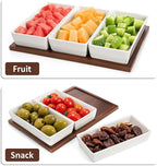 Elsjoy 3-Section Serving Tray, Wood Divided Serving Dish with Ceramic Bowls, 3-Compartment Food Platter Dipping Tray for Appetizer, Fruits, Bread