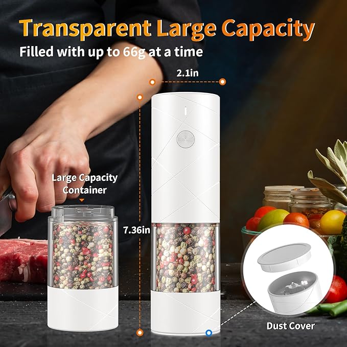 2Pack Electric Salt and Pepper Grinder Set USB Rechargeable with Warm LED Light, Adjustable Coarseness Lidaop Large Capacity Automatic Salt Pepper Mill Grinder for Kitchen, Restaurant, Outdoor, White