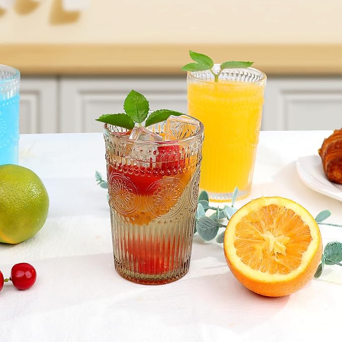 Loivttvv 6pcs Vintage Drinking Glasses Set, 12 oz Tawny Highball Glasses, Embossed Ribbed Glassware Cups for Cocktail, Water, Juice, Coffee, Whiskey