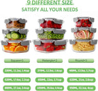 HOMBERKING Glass Food Storage Containers with Lids, [18 Piece] Glass Meal Prep Containers, Airtight Lunch Bento Boxes, BPA-Free & Leak Proof (9 lids & 9 Containers) - Grey