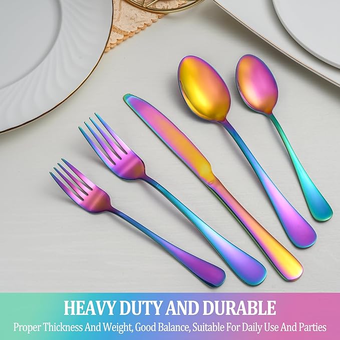 30 Pcs Rainbow Silverware Set Service for 6,Stainless Steel Flatware Serving Sets,Kitchen Tableware Set,Utensil Set for Home and Restaurant,Knives Forks Spoons Set,Mirror Polished,Dishwasher Safe