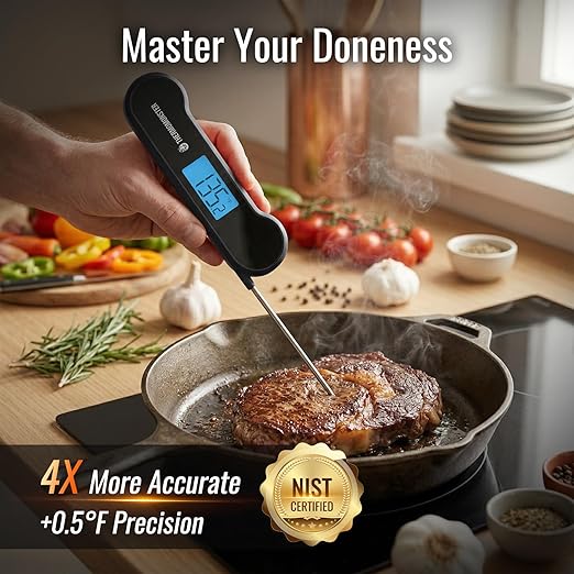0.5 Sec Instant Read Meat Thermometer Digital with ±0.5℉ Precision, Food Thermometer for Cooking Kitchen Gadgets, Oven Grill Candy BBQ Essentials Accessories, Gifts for Him Dad Men Birthday, Black