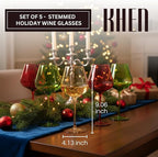 Khen Festive & Holiday Colored Wine Glasses Set of 5 In Luxurious Gift Box – 20oz Stemmed Goblets, Thanksgiving Dinner, Entertaining – Wedding Red, Green & Gold Glassware for Party Celebrations