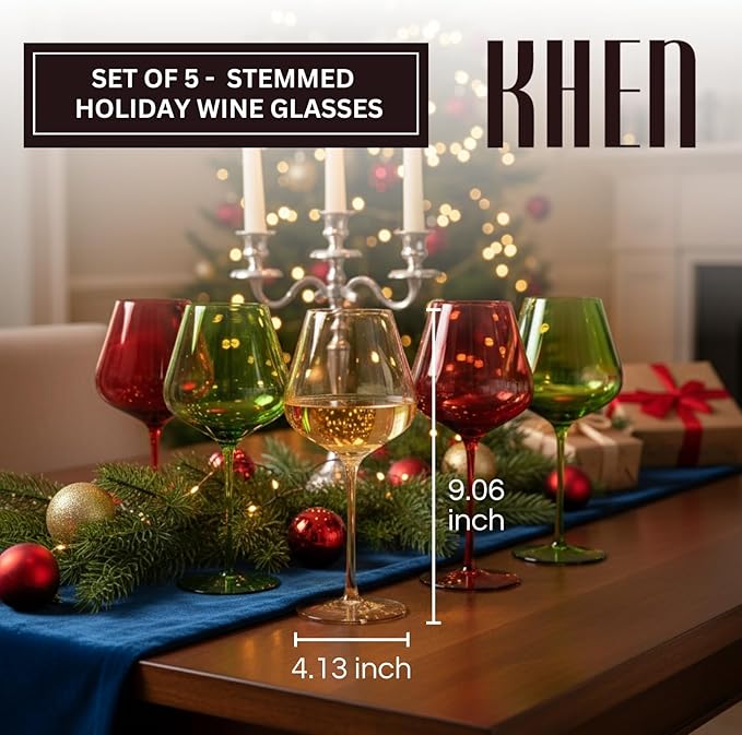 Khen Festive & Holiday Colored Wine Glasses Set of 5 In Luxurious Gift Box – 20oz Stemmed Goblets, Thanksgiving Dinner, Entertaining – Wedding Red, Green & Gold Glassware for Party Celebrations