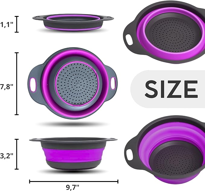 Black and Purple Food Strainer for Kitchen - Small Silicone Colander with Handle for Camping Multifunctional Strainer for Spaghetti and Pasta