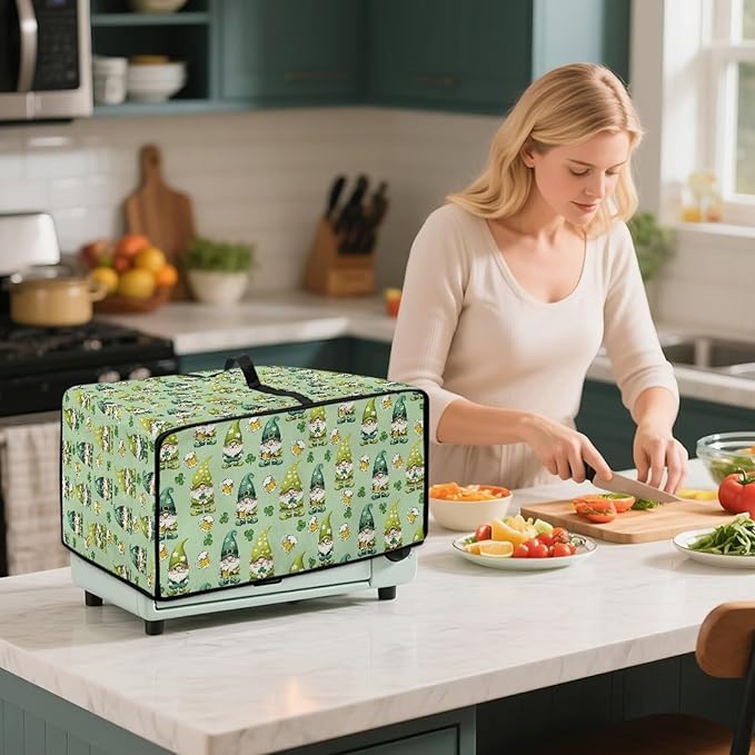 St. Patrick's Day Gnome Print Toaster Oven Cover, Clover Beer Pattern Anti Scratch Microwave Cover for Kitchen Countertop Appliance Dust Protector Decorative Oven Accessories, Green, S