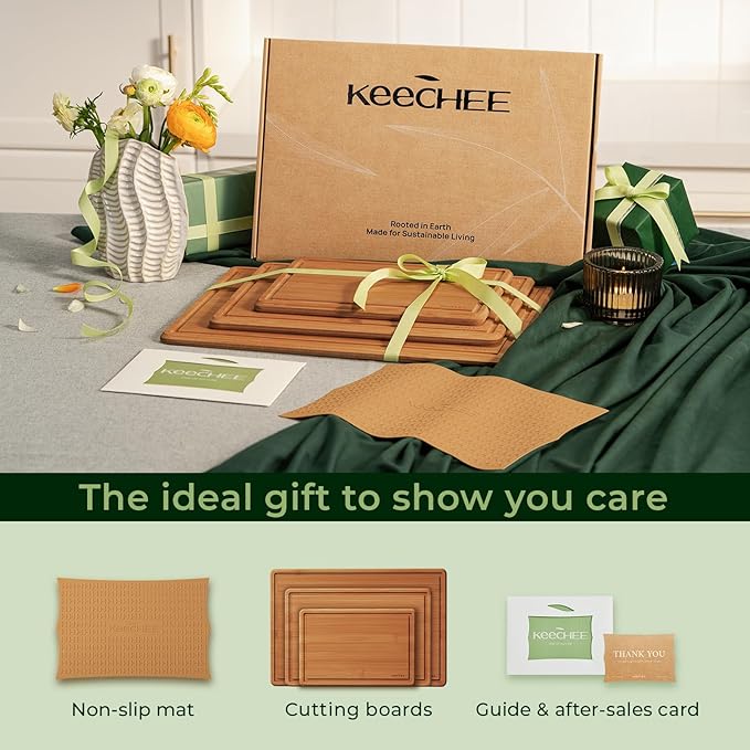 Keechee Bamboo Cutting Board with Non-slip Mat, Cutting Boards for Kitchen Meal Prep & Serving - Wood Serving Board Sets with Deep Juice Groove Ideal Kitchen Gifts