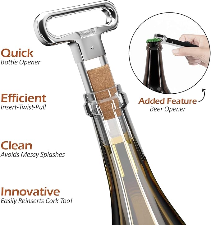 Ah So Two Prong Wine Cork Remover with Bottle Opener - Professional Stainless Steel Puller - Extractor For Opening & Vintage Collecting - for Connoisseurs & Collectors to Uncork