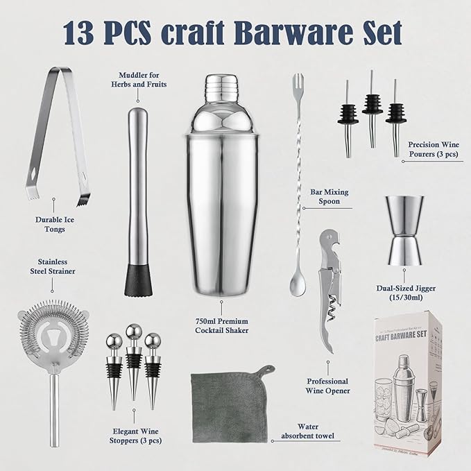 13-Piece Bartender Kit Bar Tool Set – Boston Cocktail Shaker Set with Muddler,Strainer,Jigger,Spoon–Home Bar Accessories and Drink Mixer Gift for Bartesian,Housewarming, Bar Cart Decor