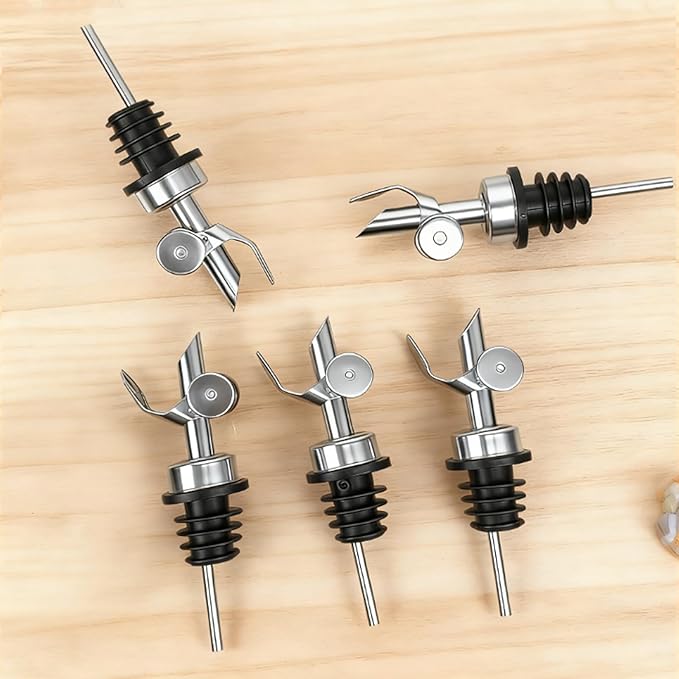 6 Pcs Auto Flip Liquor & Oil Pour Spout, 304 Stainless Steel Dispenser Spout for Olive Oil, Alcohol, Wine, Vinegar, Home & Bar Essential Tools, Silver