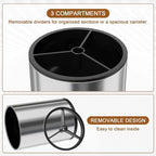 Extra Large Utensil Holder for Kitchen Counter, 360°Rotating Cooking Utensils Holder for Countertop, Stainless Steel Utensil Crock for Spatula,Spoon, 3 Compartment Metal Silverware Crocks for Flatware