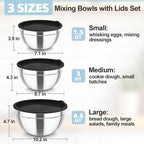 TeamFar Mixing Bowls, Stainless Steel Nesting Salad Bowls with Airtight Lids Set, For Serving/Mixing/Storing, Healthy & Long-lasting, Dishwasher Safe & Easy Clean, 4.6/3 / 1.5 QT, Black