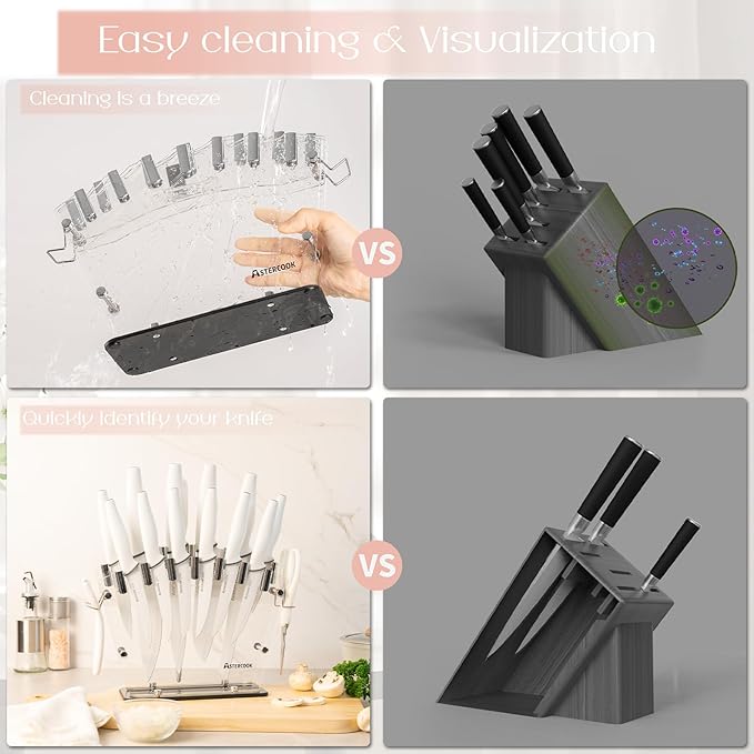 Astercook Knife Set with Block and Sharpener, 22 Piece Kitchen Knife Set Dishwasher Safe, Space-Saving Clear Knife Block with Knives for Everyday Home Cooking White
