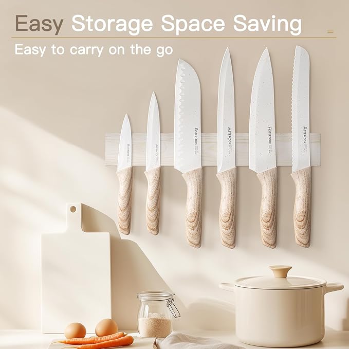 Astercook Knife Set, 13 Pieces Kitchen Knives Set with Ceramic Coating, Stainless Steel Chef Knife Sets with 6 Blade Guards, Dishwasher Safe Knives with Wooden Handle, White