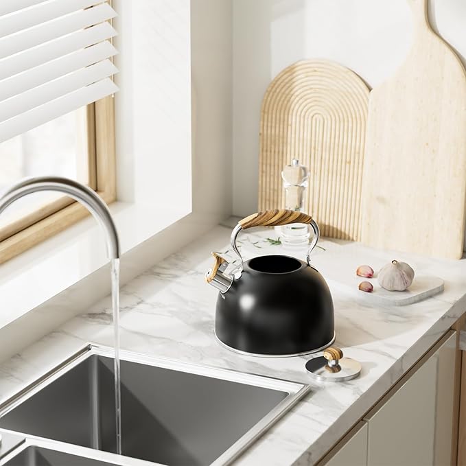 2.6 Quart Whistling Tea Kettle for Stovetop, Food Grade Stainless Steel with Cool Wood Pattern Handle, Induction Compatible, Black