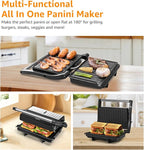 Panini Press Grill, Aigostar 1000W Sandwich Maker with Ceramic Non-stick Plates, Opens 180 Degrees for Any Size Food, 3-in-1 Sandwich Press Electric Grill, Drip Spout & Locking Lid, Sliver