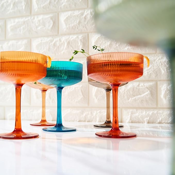 Khen Shatterproof Acrylic Ribbed Vintage Art Deco Martini, Champagne & Cocktail Muted Color Plastic Coupe Glasses | Set of 6 | 8 oz Ripple Glassware Classic Cocktail Indoor & Outdoor, European Style