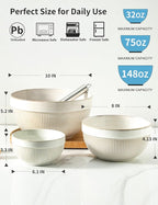 Large Ceramic Mixing Bowls, Glazed White Kitchen Bowl (10"/8"/6"), Set of 3 Nesting Bowls for Baking, Cooking, Serving, Prepping, Dough Kneading, Microwave and Dishwasher Safe