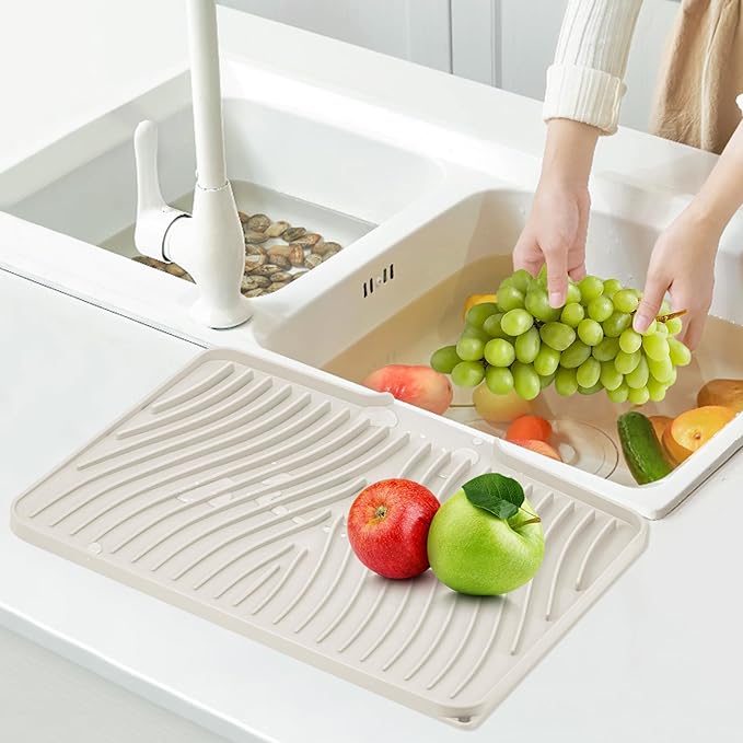 TIKNIK Silicone Dish Drying Mat, Stone Drying Mat for Kitchen Counter with Built-In Drain, Non-Slip Drain Pad with Built-in Drain, Heat Resistant Stone Drying Mat, Hangable, Cream-2pcs, 20" x 15"
