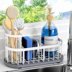 Sponge Holder for Kitchen Sink with High Brush Holder, [Stay-Dry Anywhere & No Drainage Needed] Rustproof Stainless Steel Kitchen Sink Caddy Organizer with Water Absorbing Stone Tray, White