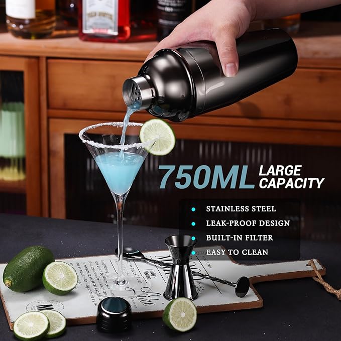 Cocktail Shaker Set Bartender Kit with Stand, 12 Piece Bar Set Drink Mixer Set with Stainless Steel Bar Accessories Tools: 25oz Martini Shaker Jigger Strainer Spoon Muddler for Cocktails (Black)