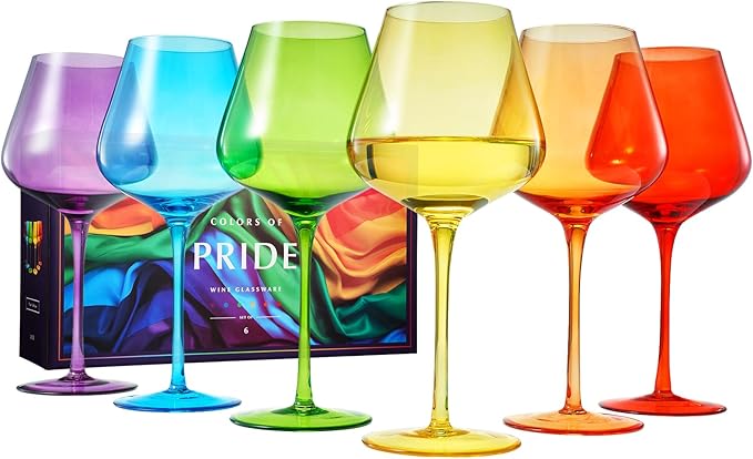 Pride LGBTQIA+ Colored Wine Glass Set | 20oz | Gay Rainbow Set of 6 Love is Love, Gift for Her, Him, They, Special Celebrations Drinkware Unique Style Stemmed Elegant Bright Glassware Pride Month Gift