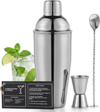 Premium Mixology Cocktail Shaker Set | 4 Piece Bar Tool Set, Silver Bar Set Cocktail Shaker Set for Drink Mixing - Includes Martini Shaker, Jigger, Bar Mixer Spoon + Free Cocktail Recipes | Gift Idea