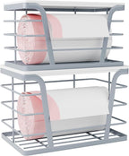 2 Pack Gray Trash Bag Organizer for Kitchen and Pantry, Upgraded Stackable Metal Garbage Bag Holder with Bamboo Top, Modern Under Sink Storage Dispenser for Laundry Room, Garage