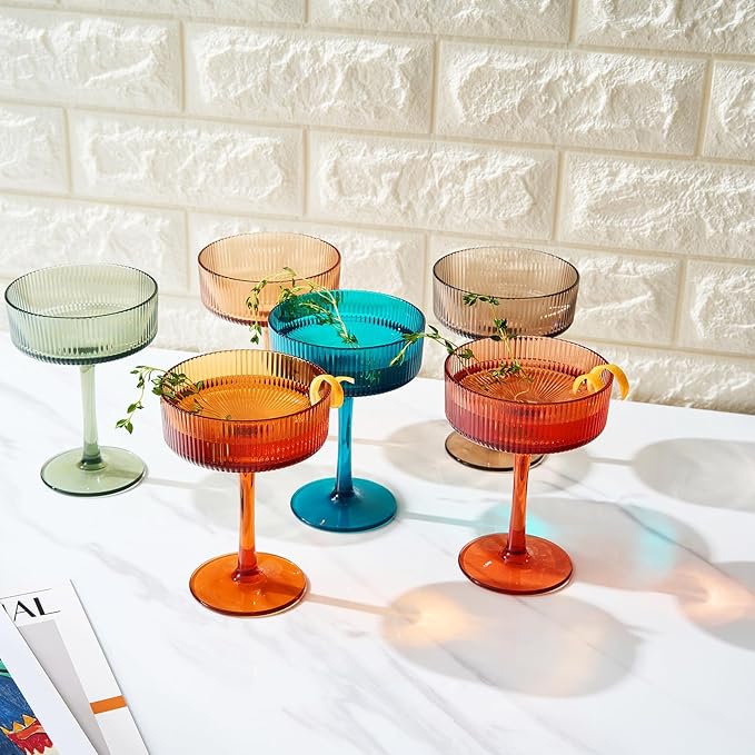Khen Shatterproof Acrylic Ribbed Vintage Art Deco Martini, Champagne & Cocktail Muted Color Plastic Coupe Glasses | Set of 6 | 8 oz Ripple Glassware Classic Cocktail Indoor & Outdoor, European Style