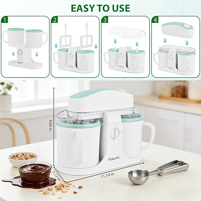 Pukomc Ice Cream Maker Machine for Home Use, with Two Ice Cream Bowls,Simple Operation and Easy to Clean,White Green