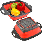 Square Collapsible Colander with Handles – Red Square Silicone Kitchen Strainers with Plastic Handles Foldable Kitchen Strainer Perfect for Draining Pasta Vegetable and Fruit Red